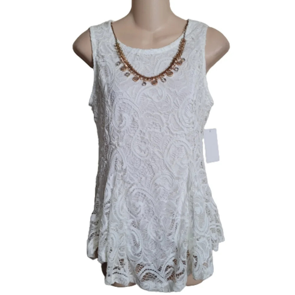 Mauve Anthropology White Lace Sleeveless Gem Necklace Top Size Women Medium NEW